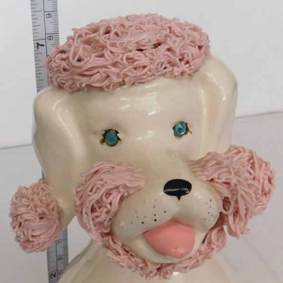 VTG Ceramic Poodle Bank with Rhinestone Eyes Spaghetti Pink Hair Signed - Picture 6 of 7